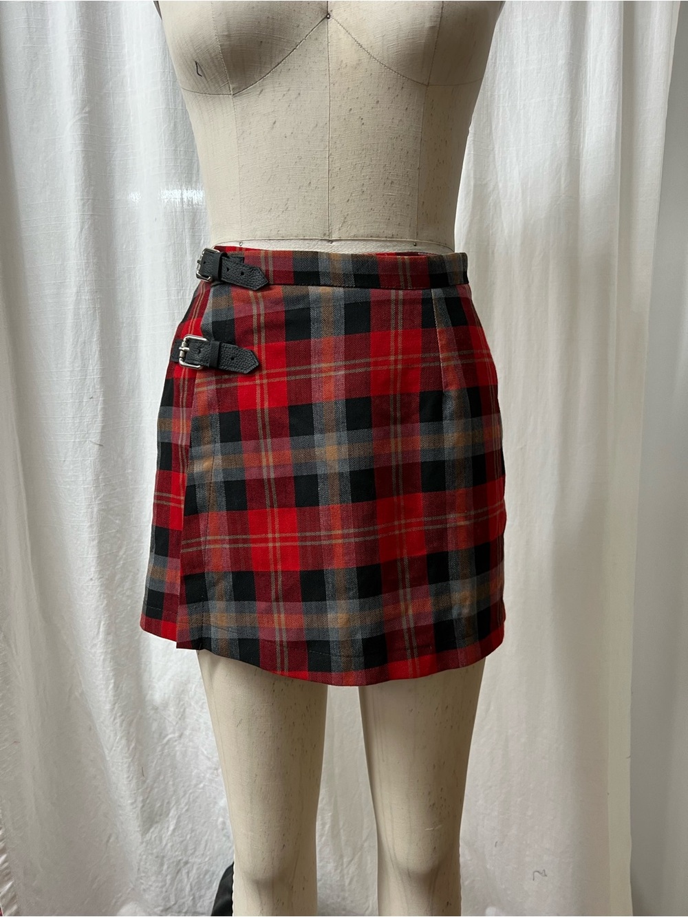 Red Plaid Wool Mini Skirt with Buckle Detail
